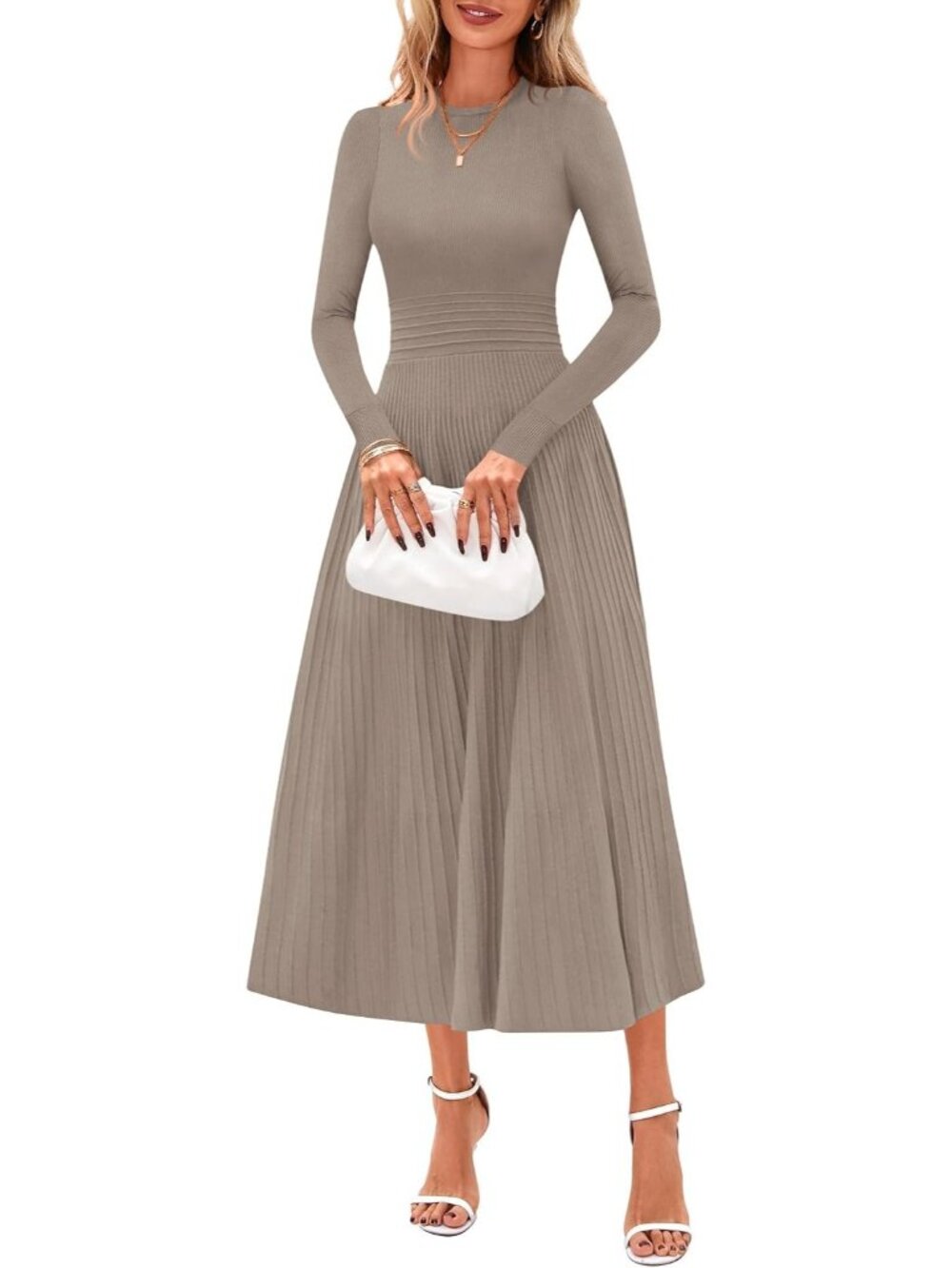 Women's Grey Khaki Long Sleeve Knit Slim Fit A Line Sweater Wedding Maxi Dress